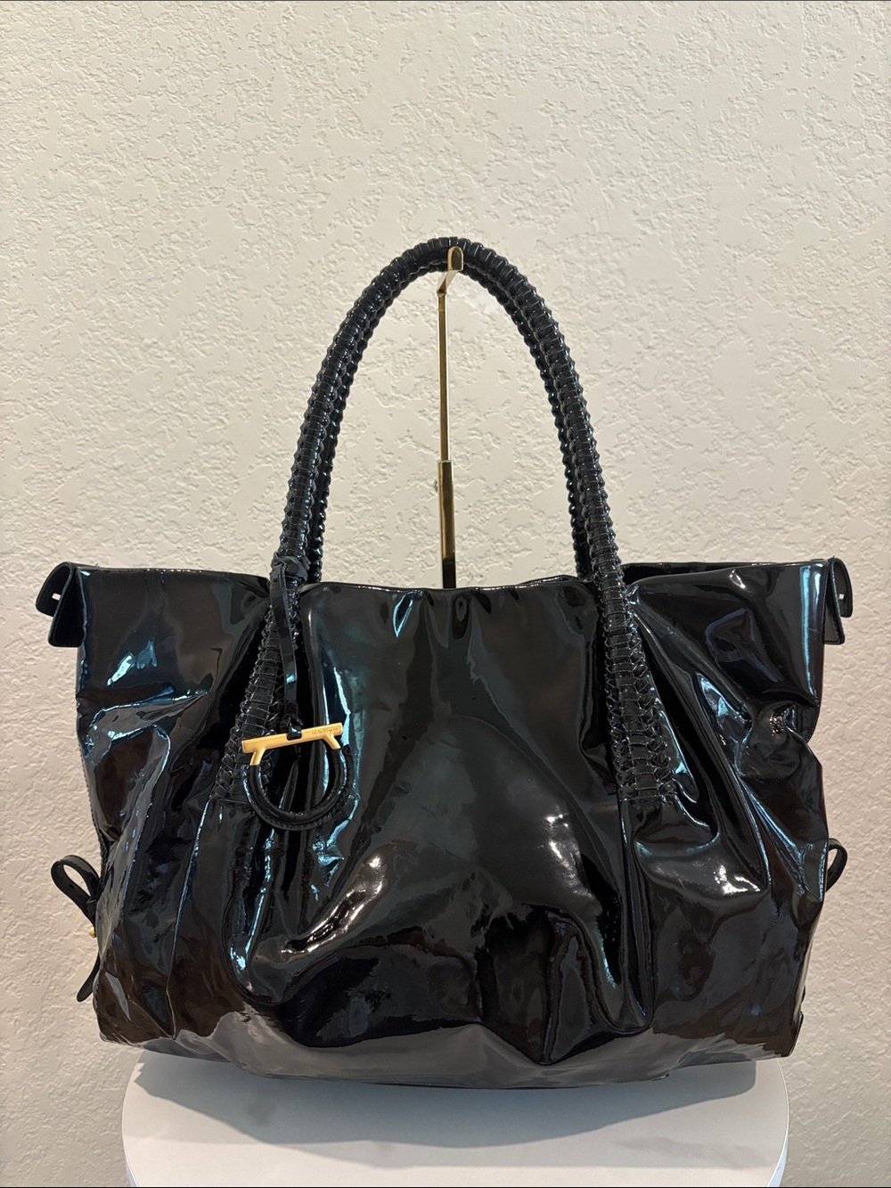 Salvatore Ferragamo Black Patent Tote Bag with Braided Handles